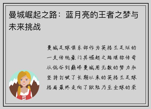 曼城崛起之路：蓝月亮的王者之梦与未来挑战