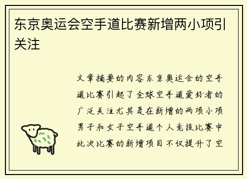 东京奥运会空手道比赛新增两小项引关注